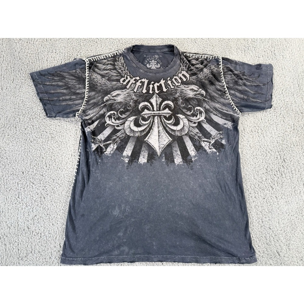 Affliction T-Shirt Rope Stitch Mens 2XL Blue Distressed Eagles Wings Graphic